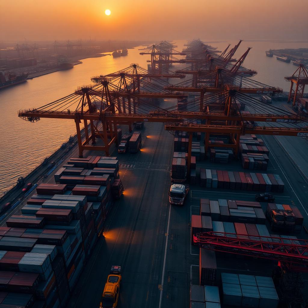 Indian container port operations at dusk